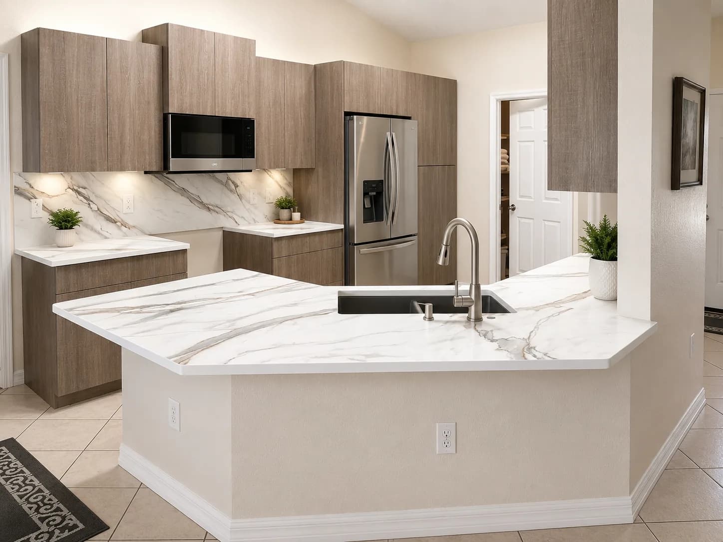 Quartz countertop with striking veining