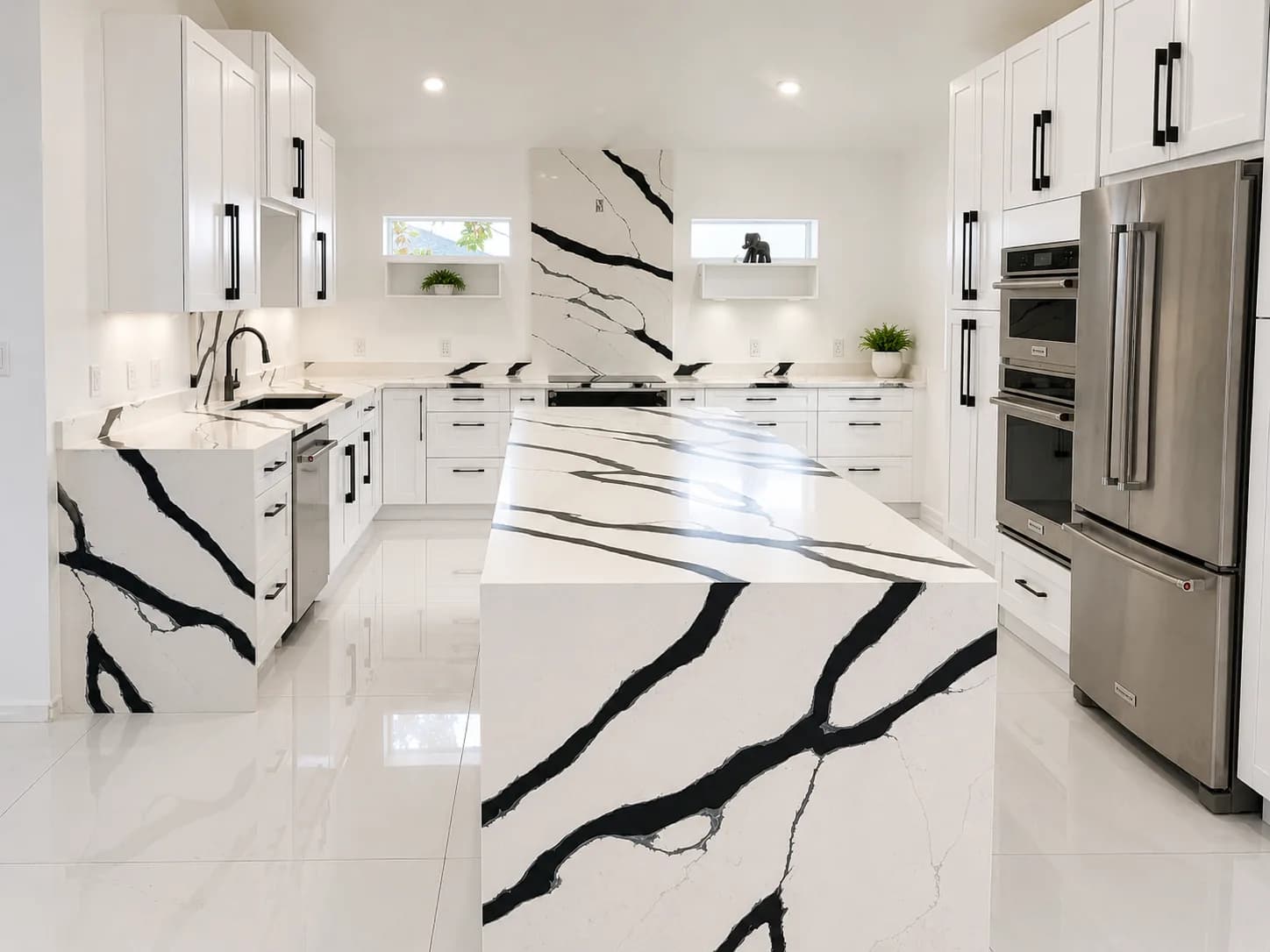 Waterfall quartz island with dramatic black veining